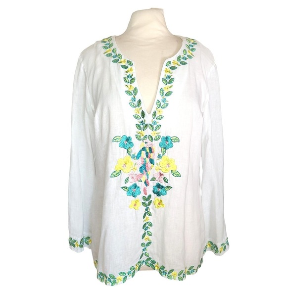 Lilly Pulitzer Tops - Lilly Pulitzer Amelia Island VTG Embroidered Floral White Linen Boho Tunic Top M